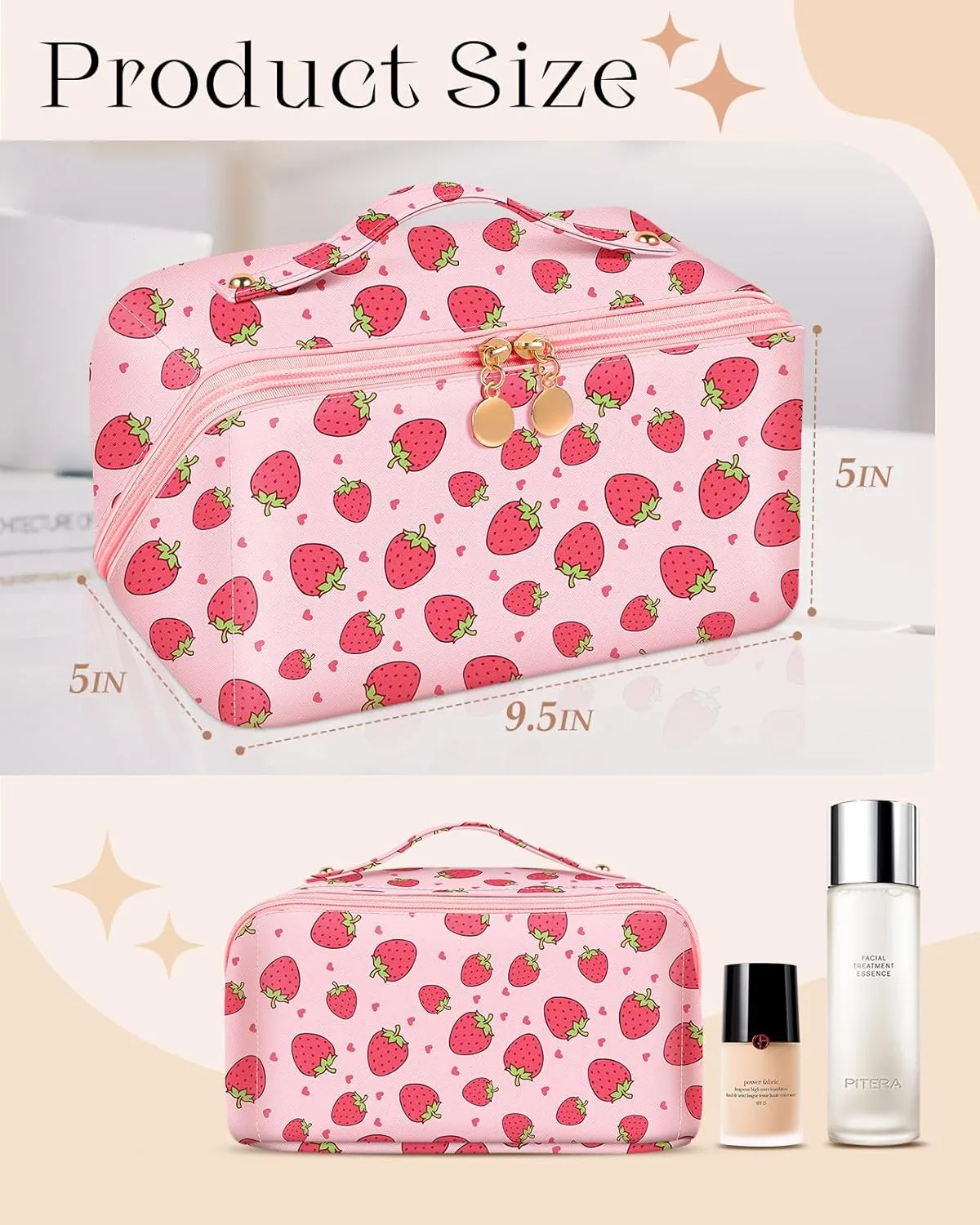 Bistup Makeup Bag Travel Cosmetic Bag Toiletry Make Up Bags Cute Women Large Capacity Big Medium Leather Strawberry Portable Teen Girls Teenage Kawaii Foldable Expandable Compact Open Flat Zip