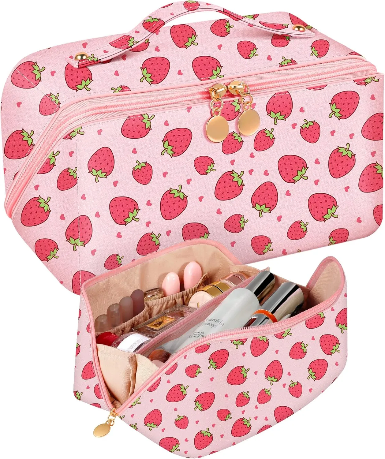 Bistup Makeup Bag Travel Cosmetic Bag Toiletry Make Up Bags Cute Women Large Capacity Big Medium Leather Strawberry Portable Teen Girls Teenage Kawaii Foldable Expandable Compact Open Flat Zip