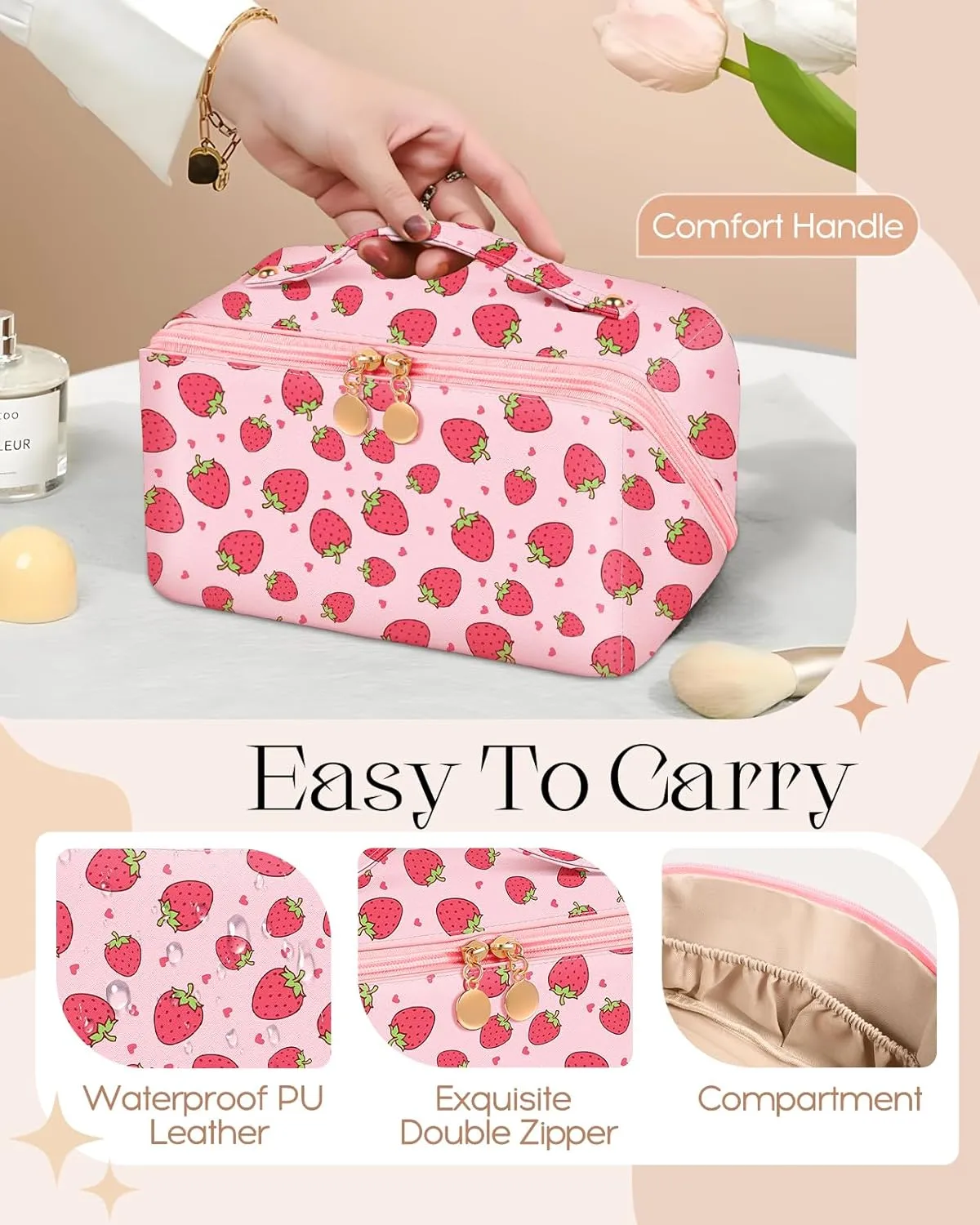 Bistup Makeup Bag Travel Cosmetic Bag Toiletry Make Up Bags Cute Women Large Capacity Big Medium Leather Strawberry Portable Teen Girls Teenage Kawaii Foldable Expandable Compact Open Flat Zip