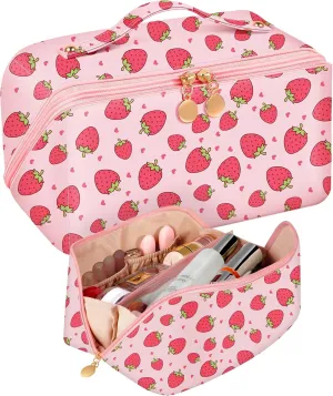 Bistup Makeup Bag Travel Cosmetic Bag Toiletry Make Up Bags Cute Women Large Capacity Big Medium Leather Strawberry Portable Teen Girls Teenage Kawaii Foldable Expandable Compact Open Flat Zip