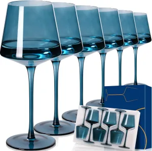 Blue Wine Glasses Set of 6,18oz Blue Wine Glassware Gift Set for Wife & Mom-Colorful Hand Blown Glass Drinkware for Red White Wine