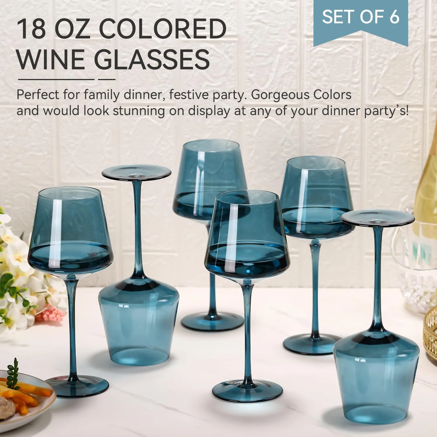 Blue Wine Glasses Set of 6,18oz Blue Wine Glassware Gift Set for Wife & Mom-Colorful Hand Blown Glass Drinkware for Red White Wine