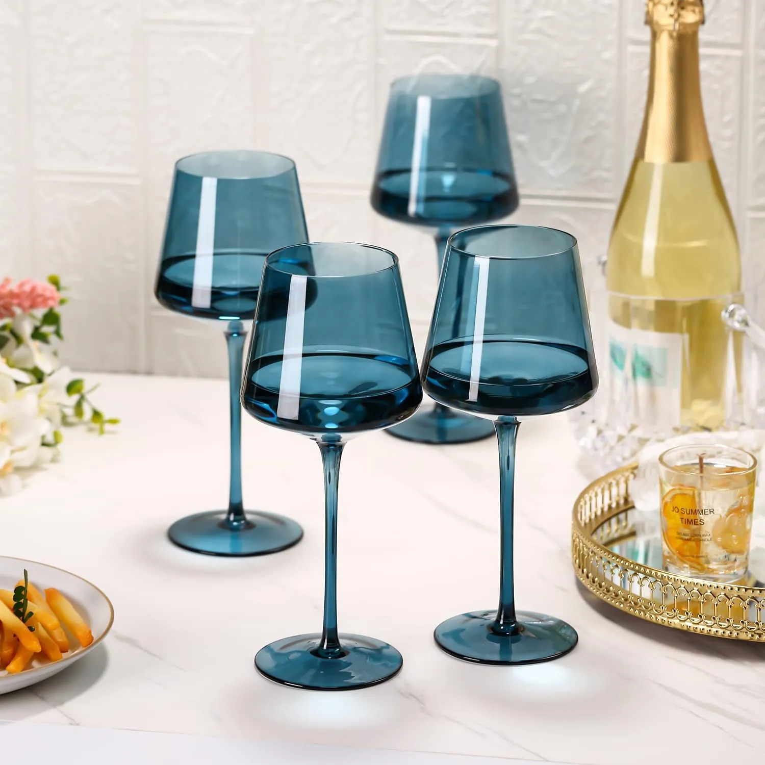 Blue Wine Glasses Set of 6,18oz Blue Wine Glassware Gift Set for Wife & Mom-Colorful Hand Blown Glass Drinkware for Red White Wine