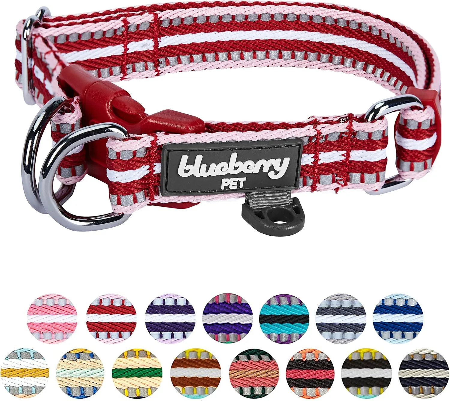 Blueberry Pet 3M Reflective Dog Collars | Adjustable Dog Collar w/Multi-Colored Stripe - Marsala Red and Pink | Nylon Pet Collars for Dogs & Refflective Dog Collar for Large Dogs