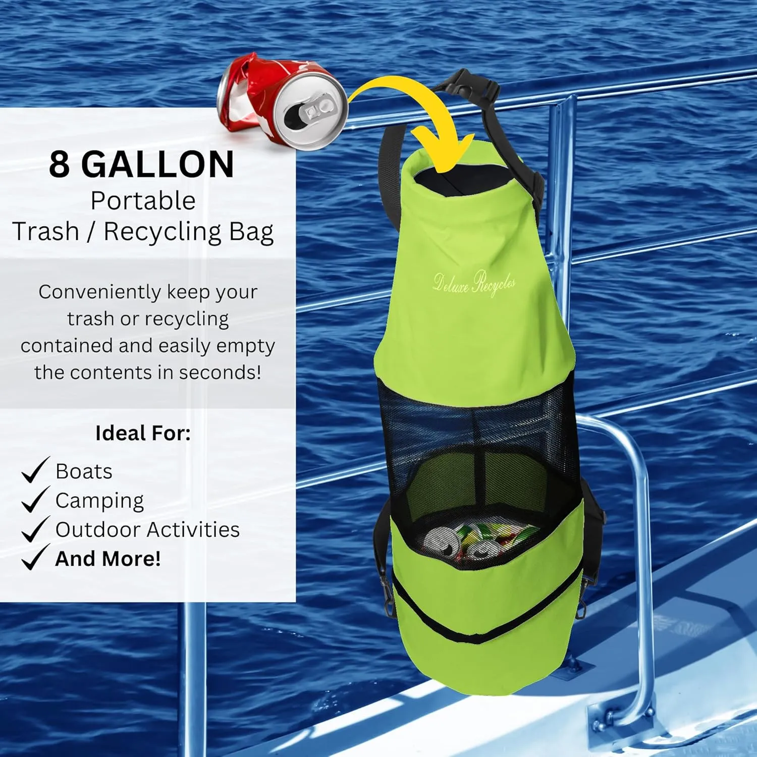 Boat Trash Can Bag - Durable 600D Mesh Oxford Fabric, Bottom Zipper, and Washable - Ideal for Boats, Kayaks, Campers, RVs, and More (Apple Green)
