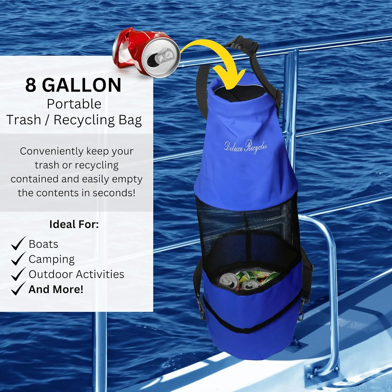 Boat Trash Can Bag - Durable 600D Mesh Oxford Fabric, Bottom Zipper, and Washable - Ideal for Boats, Kayaks, Campers, RVs, and More (Blue)