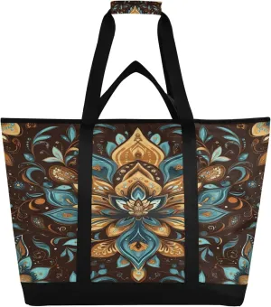 Bohemian Reusable Insulated Cooler Bag with Ice Pack Compartment - Large 47L Waterproof Thermal Grocery Tote for Picnic Beach Camping Lunch Storage