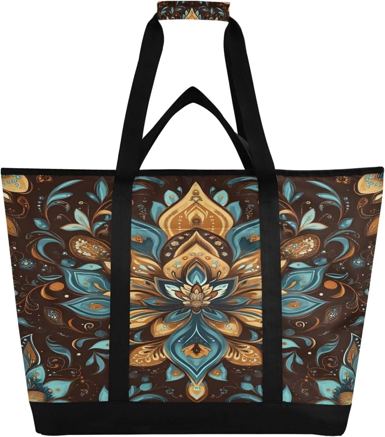 Bohemian Reusable Insulated Cooler Bag with Ice Pack Compartment - Large 47L Waterproof Thermal Grocery Tote for Picnic Beach Camping Lunch Storage