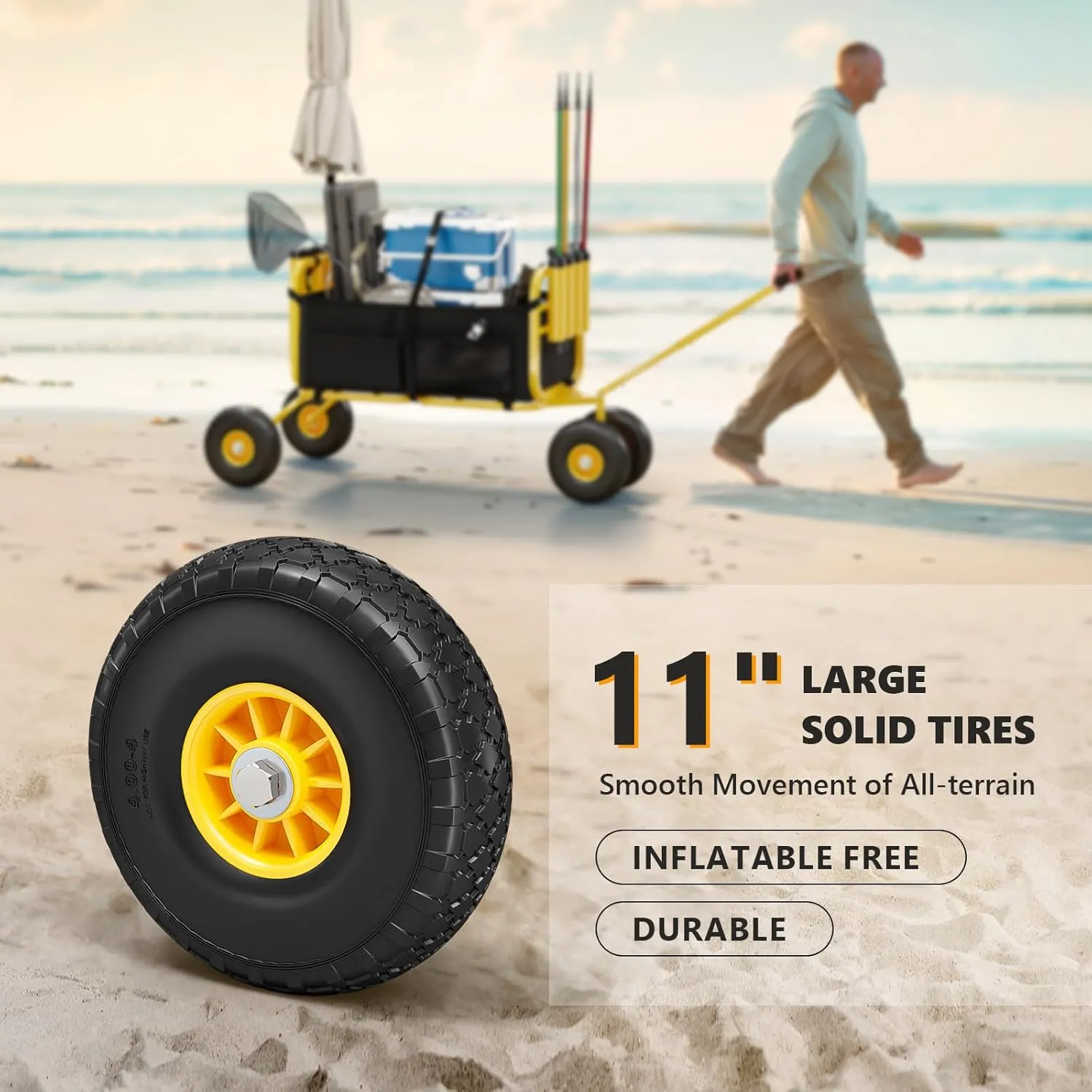 Bonnlo Fishing Cart, Foldable Trolley with 11" Airless Tires, Beach Trailer with Large Cargo Basket, 550 lbs Load Capacity, 8 Fishing Rod Holders, Durable Oxford Bag