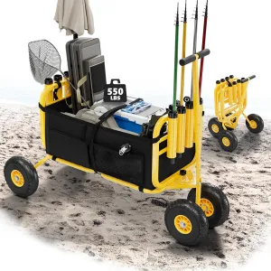 Bonnlo Fishing Cart, Foldable Trolley with 11" Airless Tires, Beach Trailer with Large Cargo Basket, 550 lbs Load Capacity, 8 Fishing Rod Holders, Durable Oxford Bag