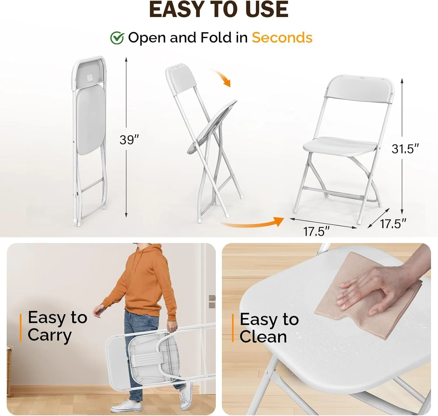 Bonnlo Folding Chairs Set of 10, White Plastic Chair Sturdy Seat with Metal Frame, Perfect for Party, Event, Wedding, Birthday, Office, Outside Entertaining