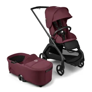 Bugaboo Dragonfly City Stroller with Full-Size Baby Bassinet and Toddler Seat, One Hand Easy Fold in Any Position, Full Suspension, Large Basket, Black Chassis and Dark Cherry Sun Canopy