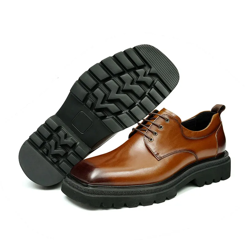 Calf Leather Derby Shoes for Men Glossy Square Toe