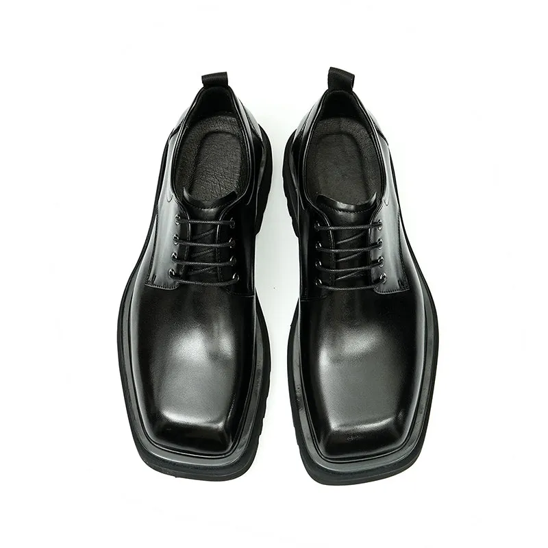 Calf Leather Derby Shoes for Men Glossy Square Toe