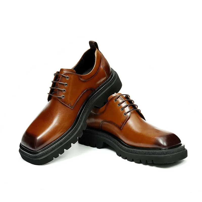 Calf Leather Derby Shoes for Men Glossy Square Toe