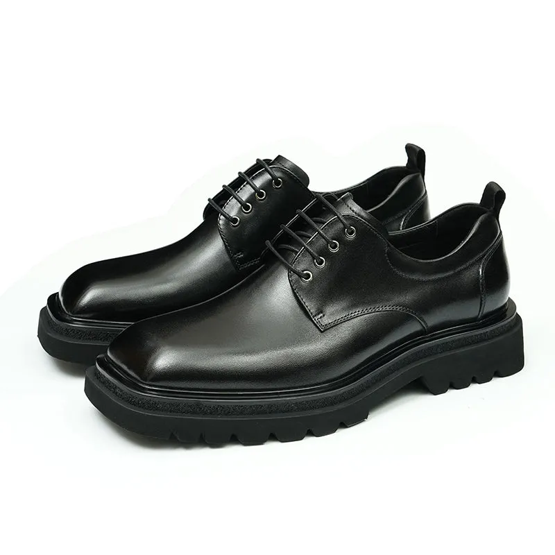 Calf Leather Derby Shoes for Men Glossy Square Toe