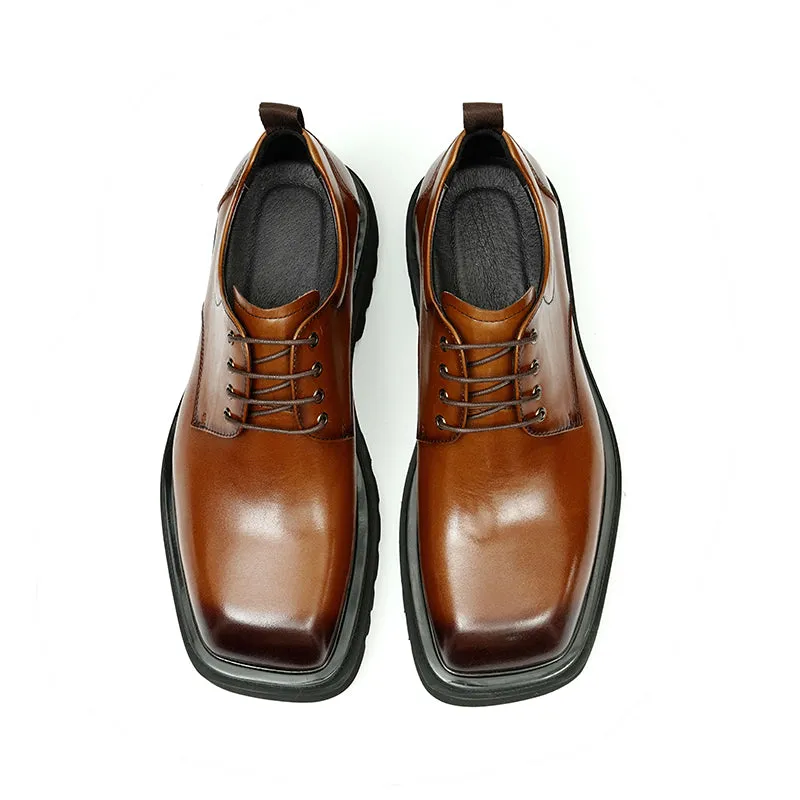 Calf Leather Derby Shoes for Men Glossy Square Toe