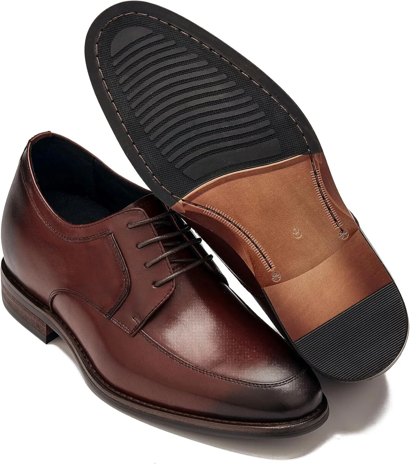 CALTO Men's Invisible Height Increasing Elevator Shoes - Rust Brown Premium Leather Lace-up Round-Toe Formal Derby Oxfords - 2.8 Inches Taller - Y7427- Size 8 D(M) US