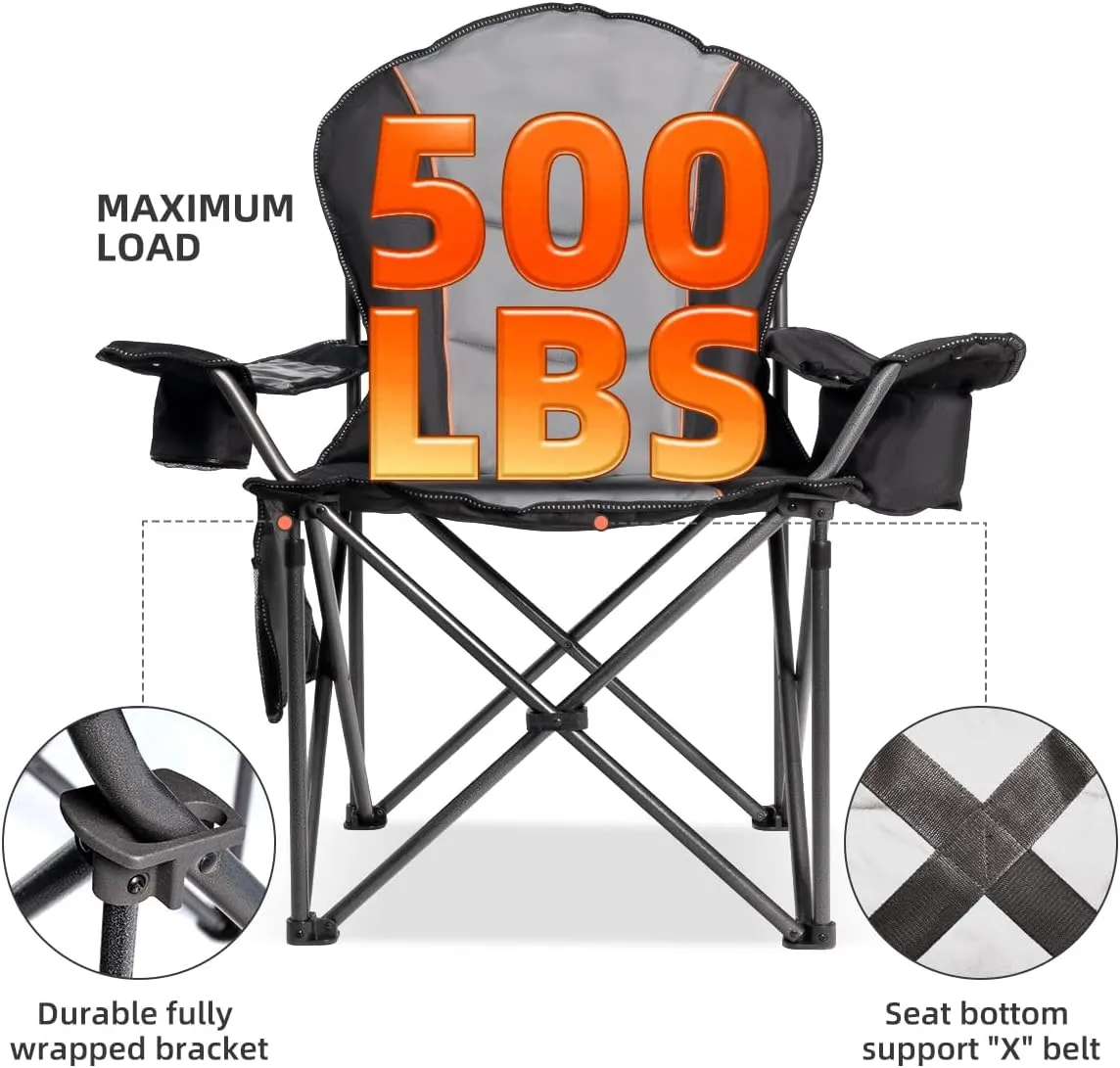 Camping Chair Oversized Folding Outdoor Camping Chair with Cooler Bag, Cup Holder & Waterproof Phone Case, Portable for Hiking/Beach,500LB (Black & Light Gray)