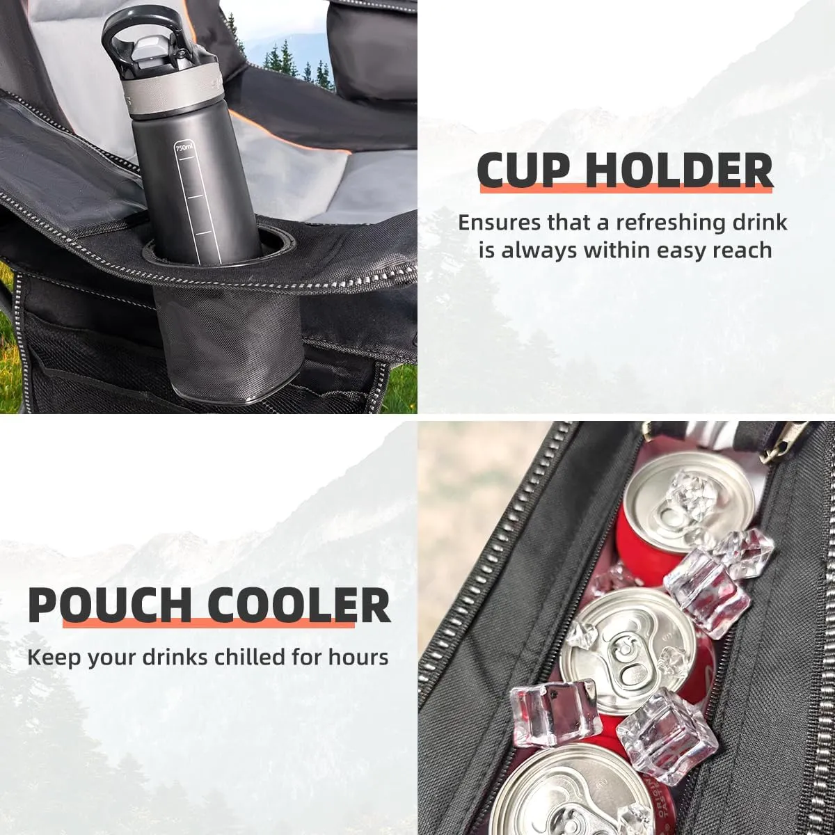 Camping Chair Oversized Folding Outdoor Camping Chair with Cooler Bag, Cup Holder & Waterproof Phone Case, Portable for Hiking/Beach,500LB (Black & Light Gray)