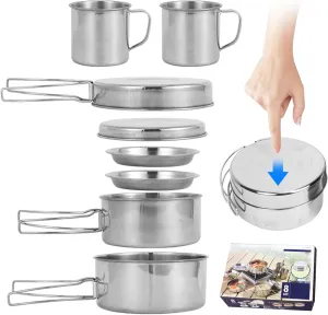 Camping Cooking Set 8PCS Stainless Steel Camping Cookware Portable Cooking Pot and Pan Set with Plates Cups for 5-6 Adults Outdoor Hiking Picnic Camping BBQ