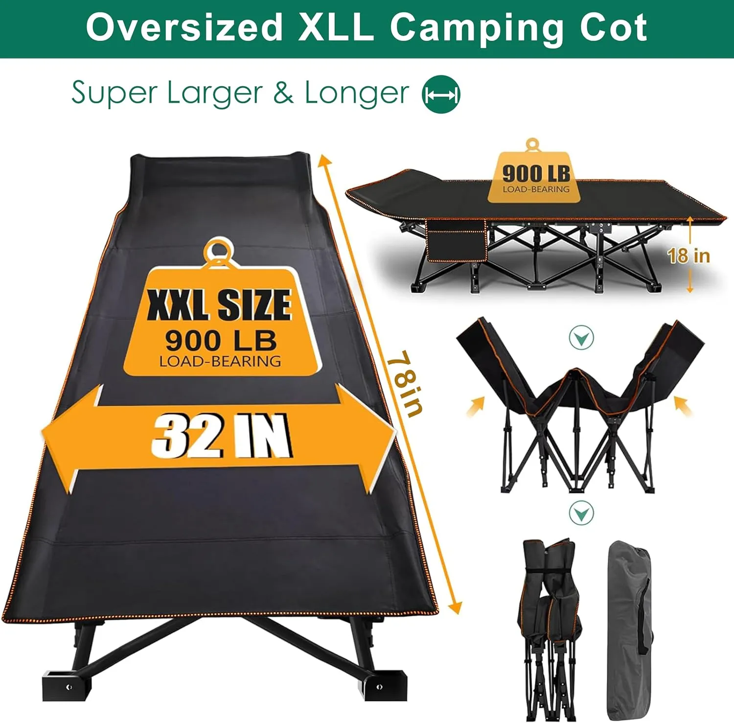 Camping cots, Oversized 32inch Width Portable Foldable Outdoor Bed for Adults Kids, Cot for Traveling Gear Supplier, Office Nap,Support 900 lbs-with Sleeping Pad Mattress