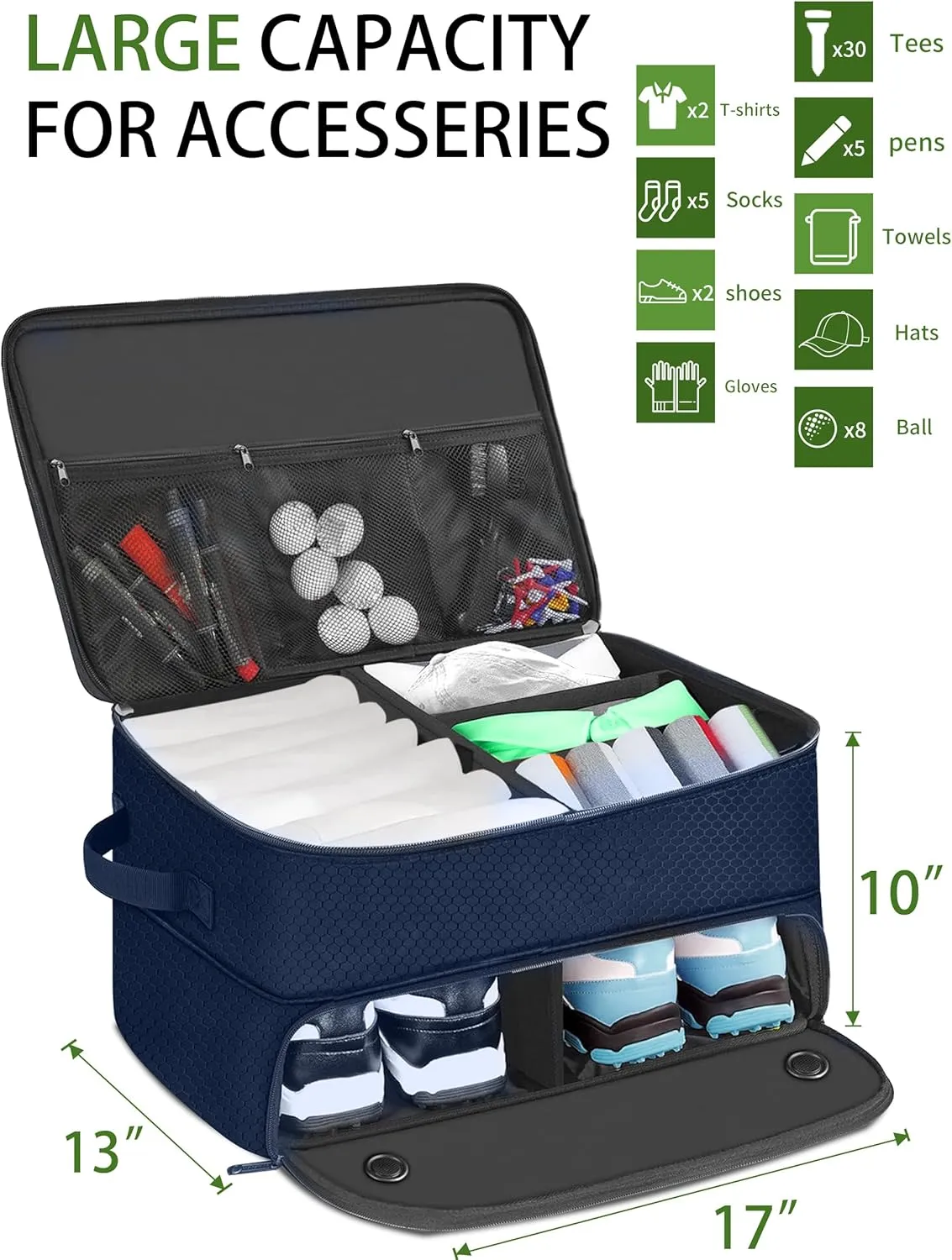 CAMPLAND 2 Layer Golf Trunk Organizer, Waterproof Car Golf Locker for 2 Pair Shoes, Durable Golf Trunk Storage for Balls, Tees, Clothes, Gloves, Accessories, Golf Gifts