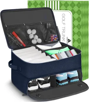 CAMPLAND 2 Layer Golf Trunk Organizer, Waterproof Car Golf Locker for 2 Pair Shoes, Durable Golf Trunk Storage for Balls, Tees, Clothes, Gloves, Accessories, Golf Gifts