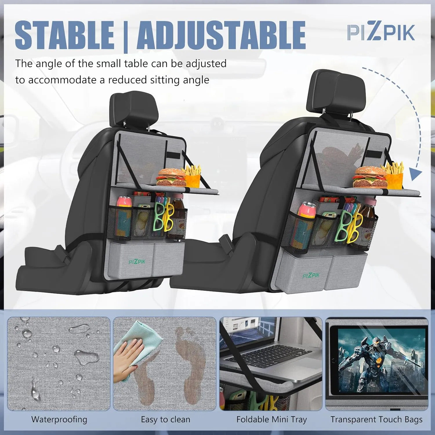 Car Backseat Organizer with Tablet Holder,11 Storage Pockets with Foldable Food Tray, Protector Kick Mats for Kids, Travel Accessories Organizer (Gray, 1Pack)