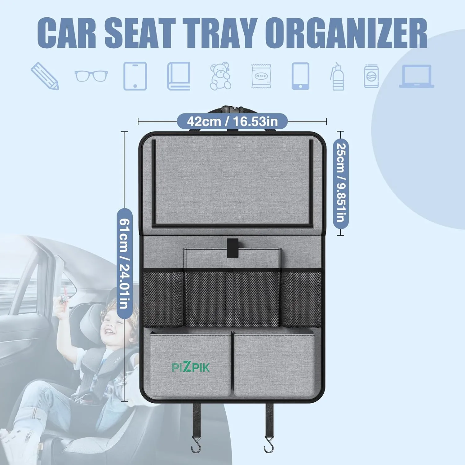 Car Backseat Organizer with Tablet Holder,11 Storage Pockets with Foldable Food Tray, Protector Kick Mats for Kids, Travel Accessories Organizer (Gray, 1Pack)