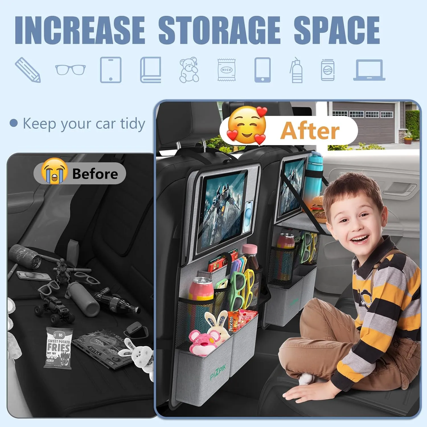 Car Backseat Organizer with Tablet Holder,11 Storage Pockets with Foldable Food Tray, Protector Kick Mats for Kids, Travel Accessories Organizer (Gray, 1Pack)