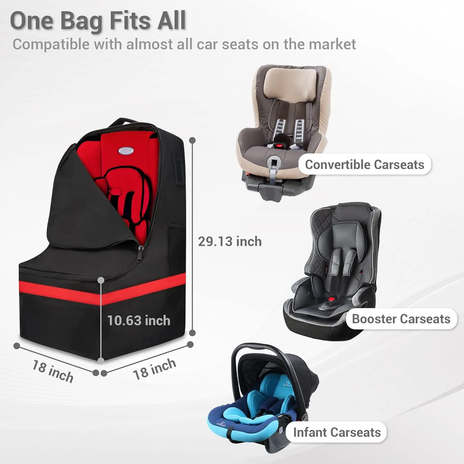 Car Seat Travel Bag - Padded, Comfortable, Durable, Roomy Gate Check Carseat Cover Backpack Fits 3-in-1，Convertible, Booster & Infant Car Seats for Airplane, Airport, Red