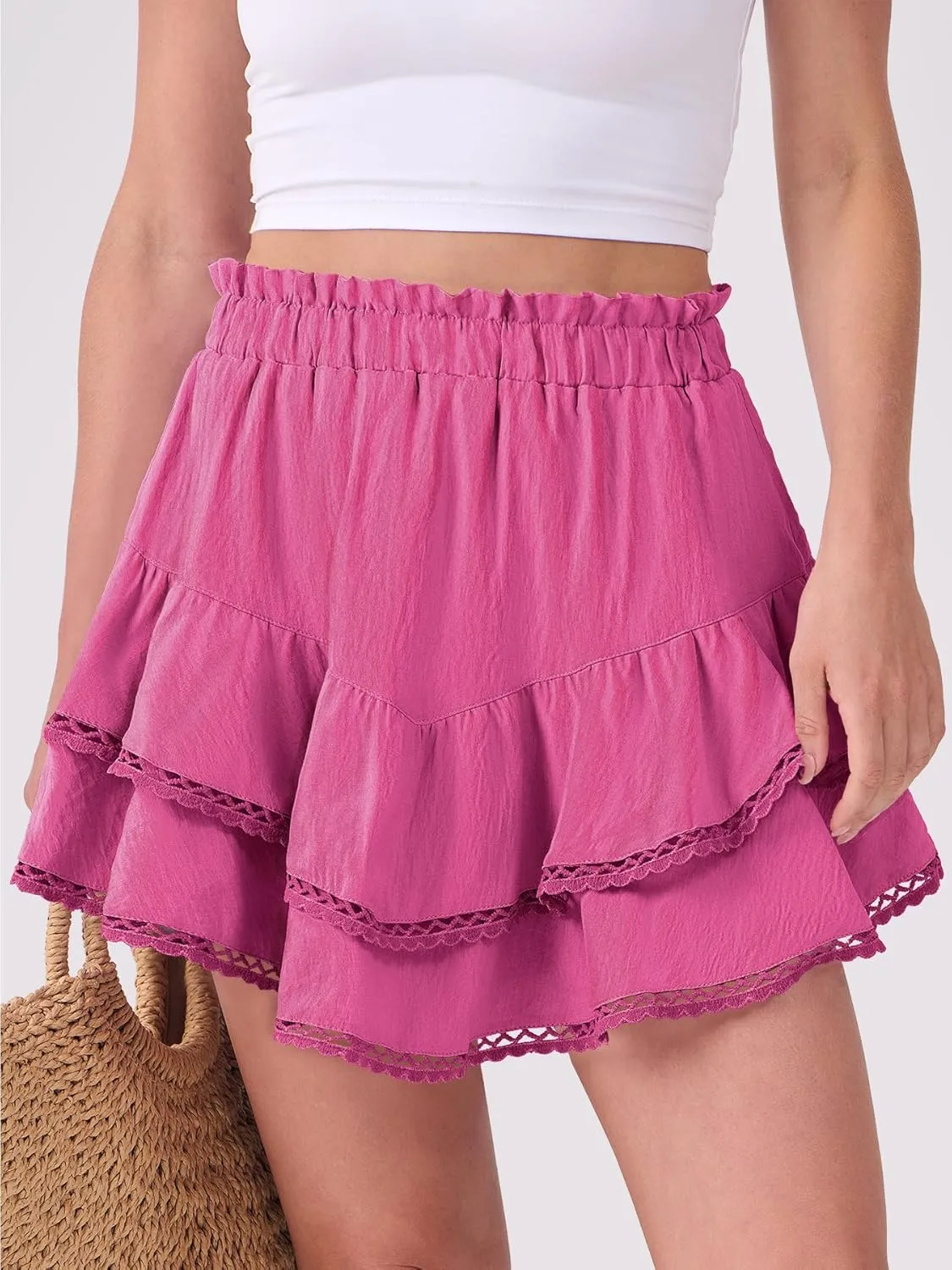 Caracilia Mini Skirts for Women Summer Casual Boho Crochet Ruffle Flowy Skirt Built in Shorts 2025 Fashion Trendy Skorts
