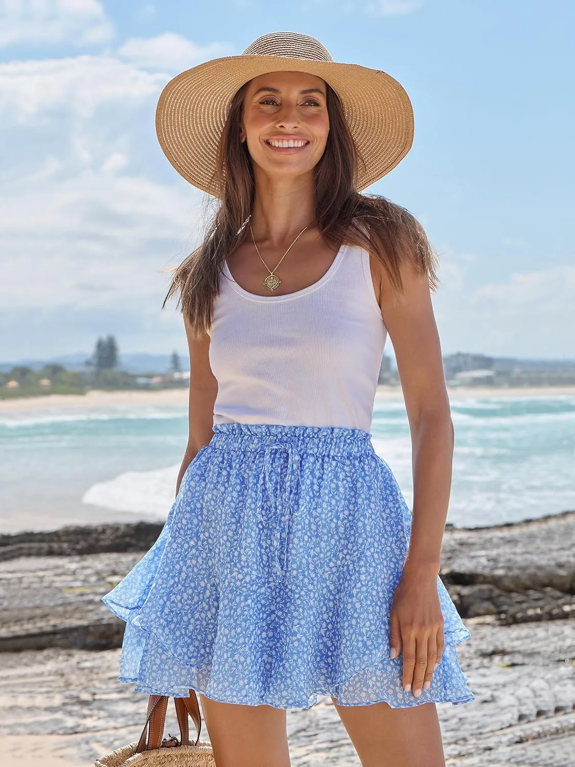 Caracilia Skorts for Women Boho Casual Beach Mini Skirts Summer Floral Ruffle Chiffon Flowy Shorts 2025 Trendy Outfits