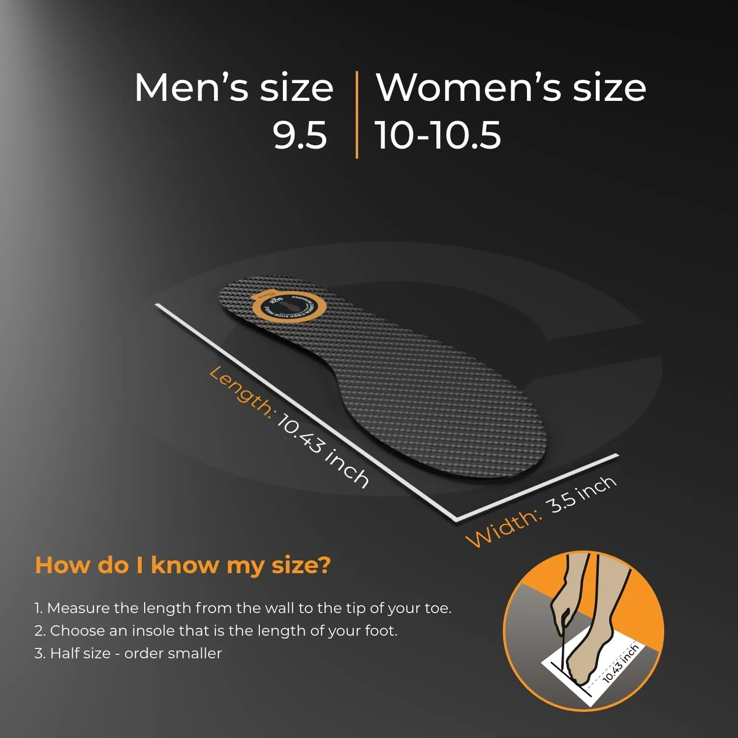 Carbon Fiber Insole - 1 pc, Men 9.5, Women 10-10.5 - Unisex Shoe Insert - Stiff Foot Plate - Orthotic Insole - Turf Toe, Hallux Rigidus, Flat Feet, Plantar Fasciitis, Mortons Extension