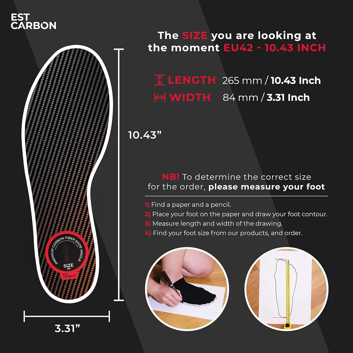 Carbon Fiber Insole - 1 pc - Rigid Orthotic Insole Shoe Insert - FSA/HSA Eligible - Stiff Foot Plate - Support for Turf Toe, Flat Feet, Achilles Tendonitis, Sesamoiditis