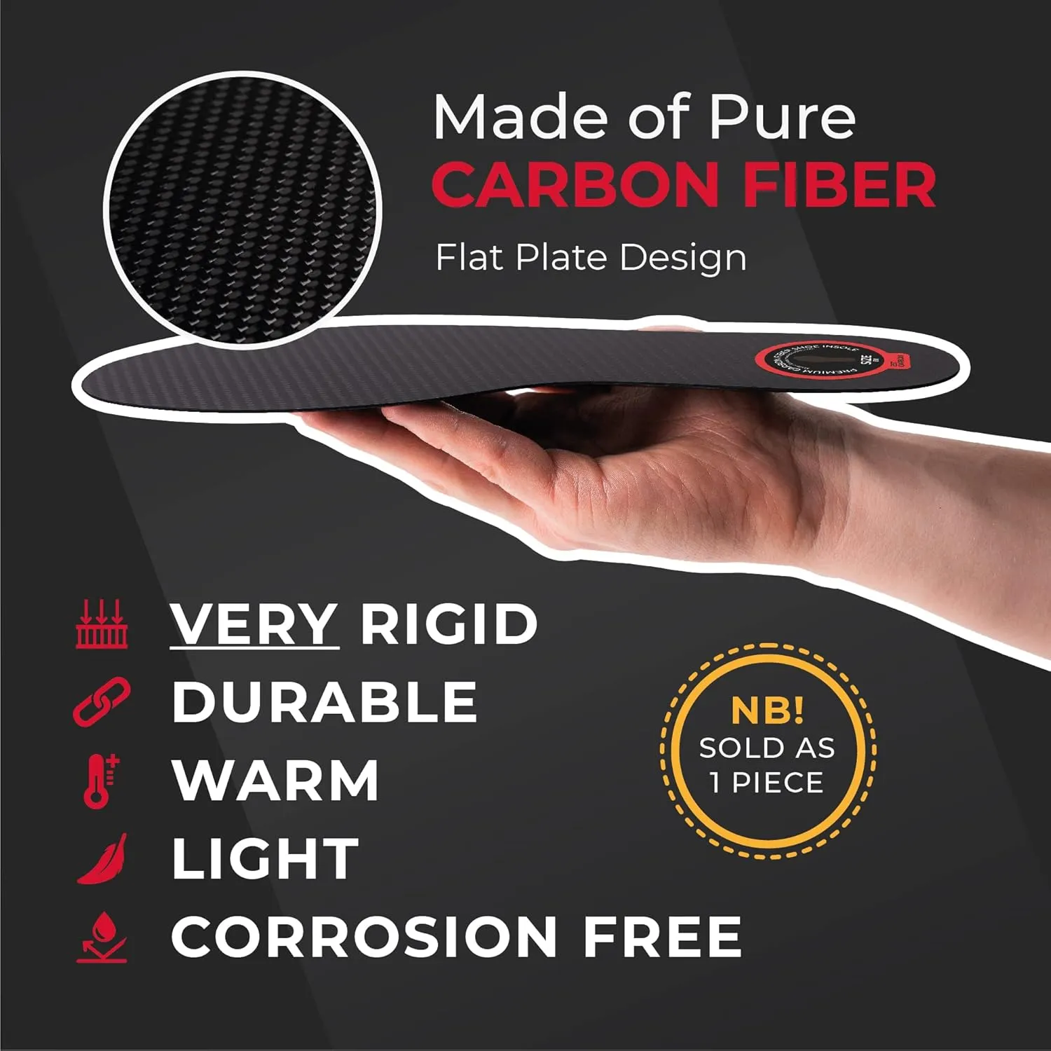 Carbon Fiber Insole - 1 pc - Rigid Orthotic Insole Shoe Insert - FSA/HSA Eligible - Stiff Foot Plate - Support for Turf Toe, Flat Feet, Achilles Tendonitis, Sesamoiditis