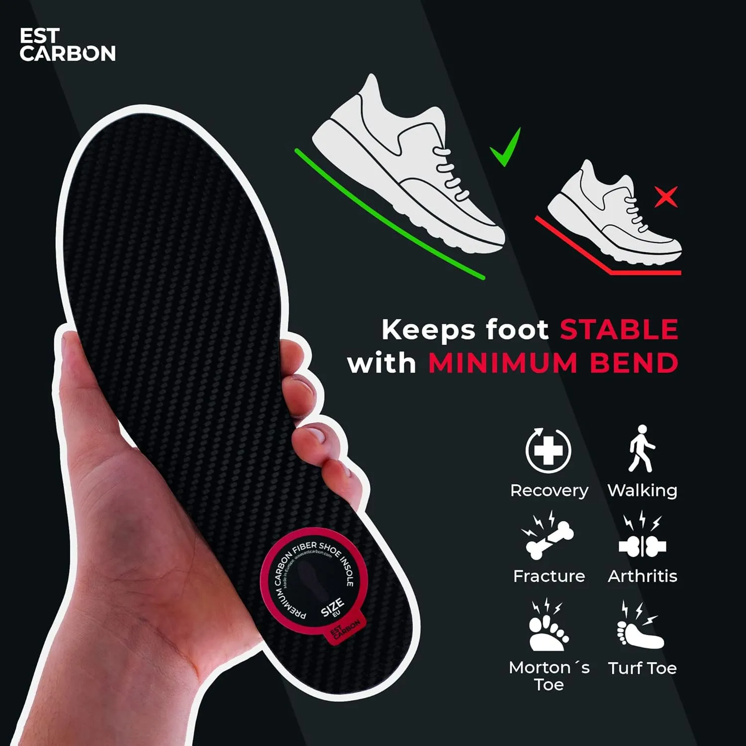 Carbon Fiber Insole - 1 pc - Rigid Orthotic Insole Shoe Insert - FSA/HSA Eligible - Stiff Foot Plate - Support for Turf Toe, Flat Feet, Achilles Tendonitis, Sesamoiditis