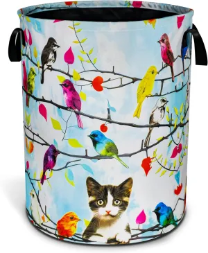 Cat Colorful Bird Laundry Basket Animal Foldable Oxford Cloth Funny Tote Bag Laundry Hamper Clothes Storage Bucket Toy Organizer For Bathroom/Laundry Storage/Bedroom 18.9x16.5 Inch