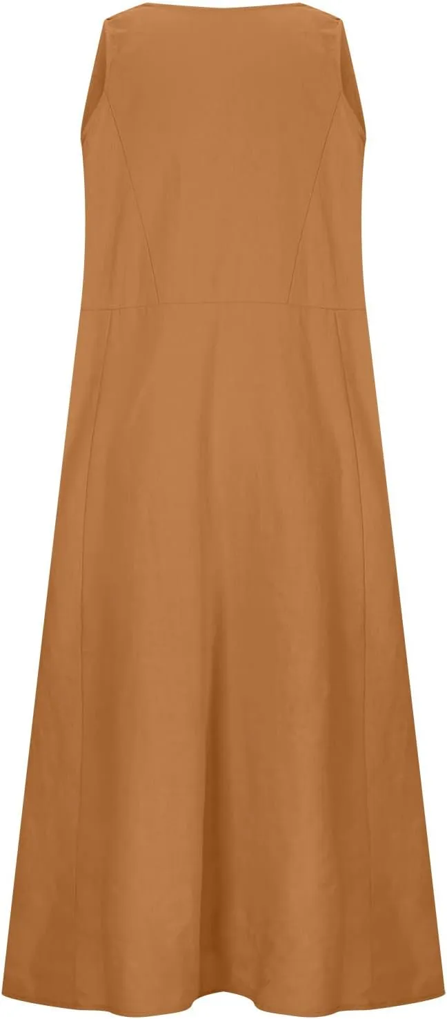 Ceboyel Women 2023 Solid Color Linen Dress Causal Summer Sun Dress Flowy Sleeveless Sundress Trendy Beach Maxi Long Dresses