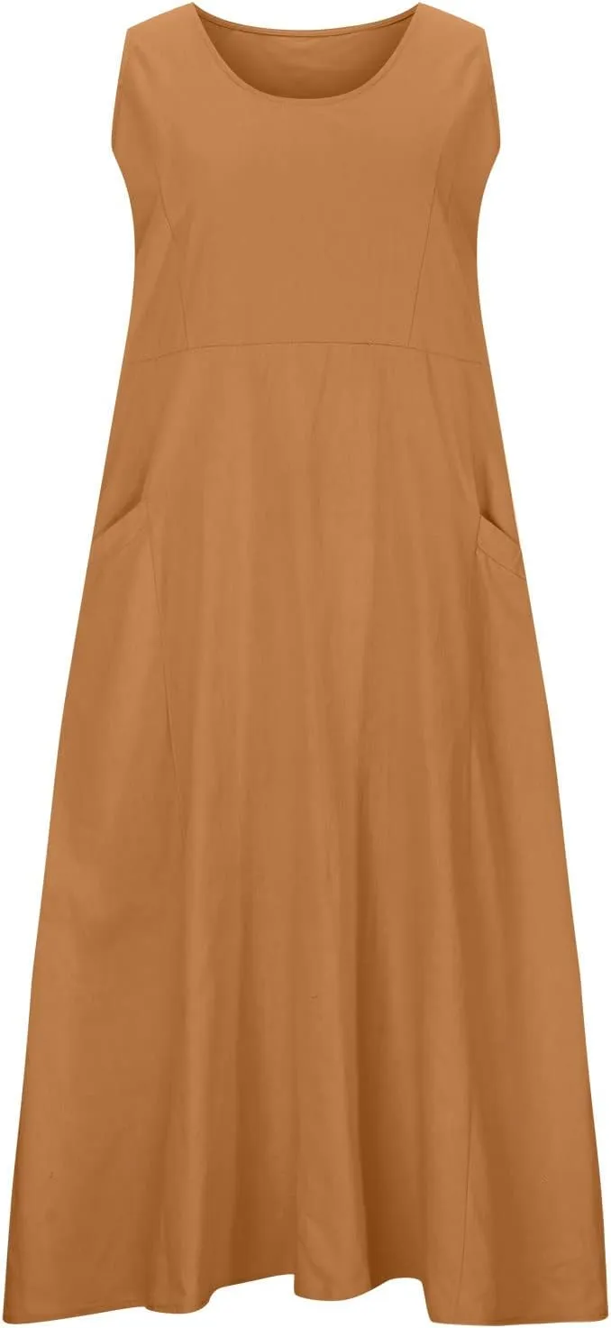 Ceboyel Women 2023 Solid Color Linen Dress Causal Summer Sun Dress Flowy Sleeveless Sundress Trendy Beach Maxi Long Dresses