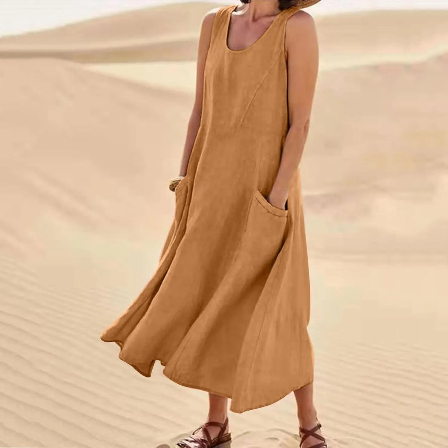 Ceboyel Women 2023 Solid Color Linen Dress Causal Summer Sun Dress Flowy Sleeveless Sundress Trendy Beach Maxi Long Dresses