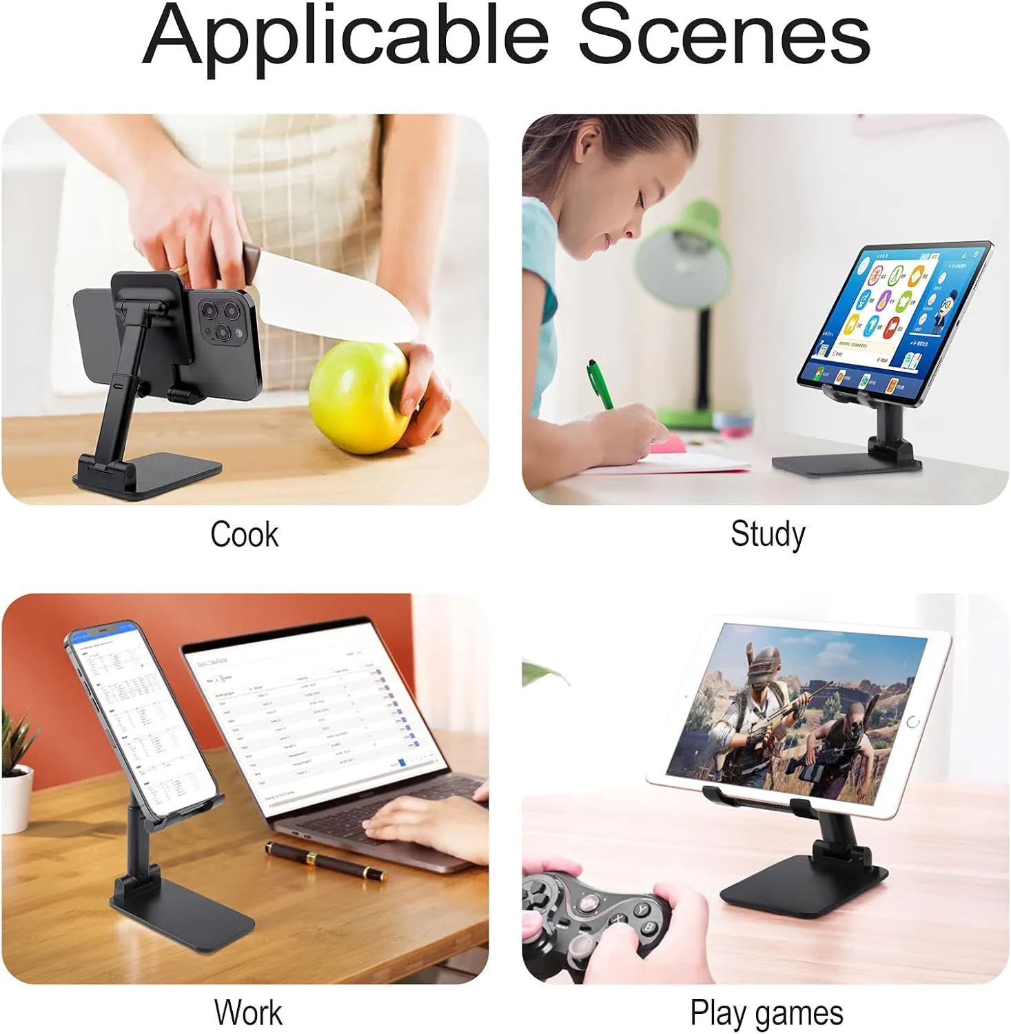 Cell Phone Stand for Desk Angle Height Adjustable Cell Phone Holder with 360 Rotating Base Cat Under Leaves Phone Stand Foldable Desktop Phone Holder Compatible with All Smartphone Black-Cat Under Lea