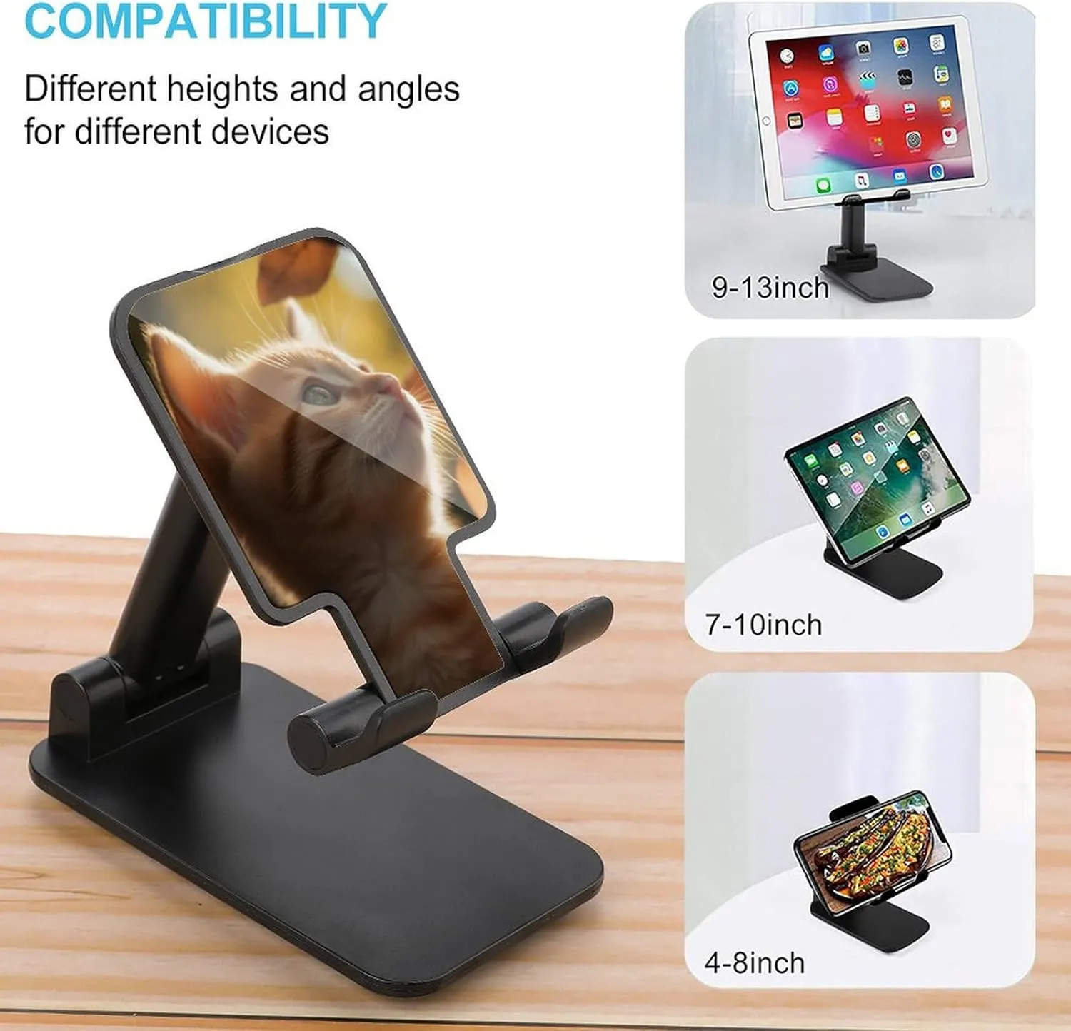 Cell Phone Stand for Desk Angle Height Adjustable Cell Phone Holder with 360 Rotating Base Cat Under Leaves Phone Stand Foldable Desktop Phone Holder Compatible with All Smartphone Black-Cat Under Lea