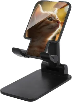 Cell Phone Stand for Desk Angle Height Adjustable Cell Phone Holder with 360 Rotating Base Cat Under Leaves Phone Stand Foldable Desktop Phone Holder Compatible with All Smartphone Black-Cat Under Lea