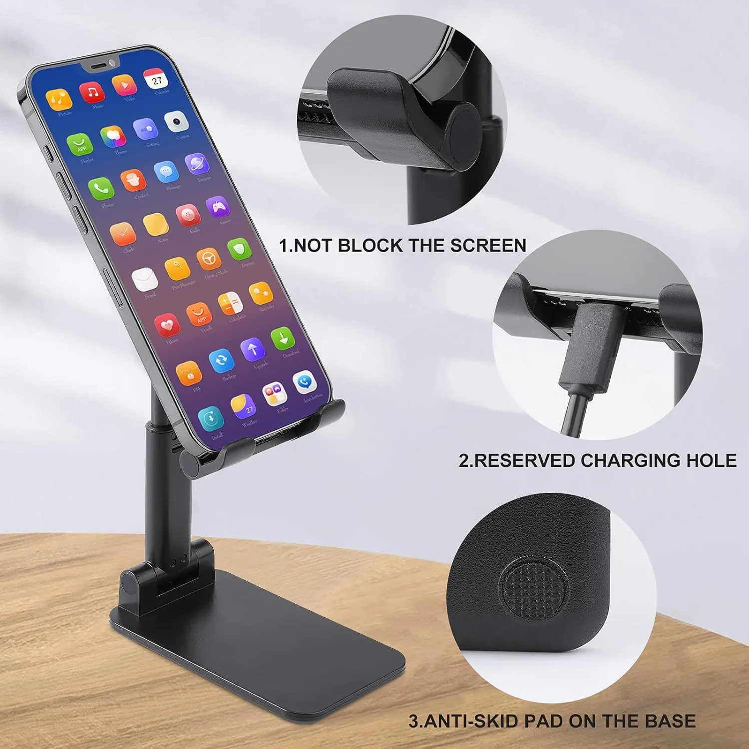 Cell Phone Stand for Desk Angle Height Adjustable Cell Phone Holder with 360 Rotating Base Cat Under Leaves Phone Stand Foldable Desktop Phone Holder Compatible with All Smartphone Black-Cat Under Lea