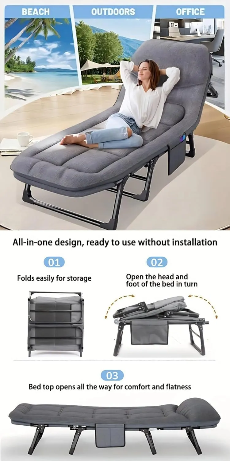 Chaise Lounge Chair, Folding Cot, 6-Angle Adjustable Camping Cot with Mattress for Patio and Beach, Foldable Bed Portable Heavy Duty Lay Flat Reclining with Pillow (Gray, Extra Large - 80")