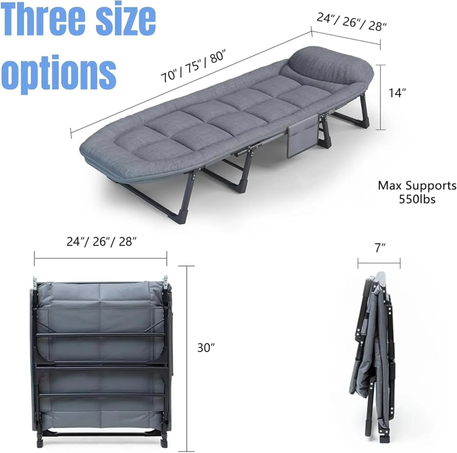 Chaise Lounge Chair, Folding Cot, 6-Angle Adjustable Camping Cot with Mattress for Patio and Beach, Foldable Bed Portable Heavy Duty Lay Flat Reclining with Pillow (Gray, Extra Large - 80")