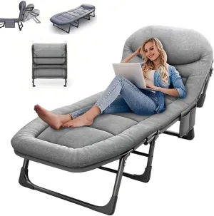 Chaise Lounge Chair, Folding Cot, 6-Angle Adjustable Camping Cot with Mattress for Patio and Beach, Foldable Bed Portable Heavy Duty Lay Flat Reclining with Pillow (Gray, Extra Large - 80")
