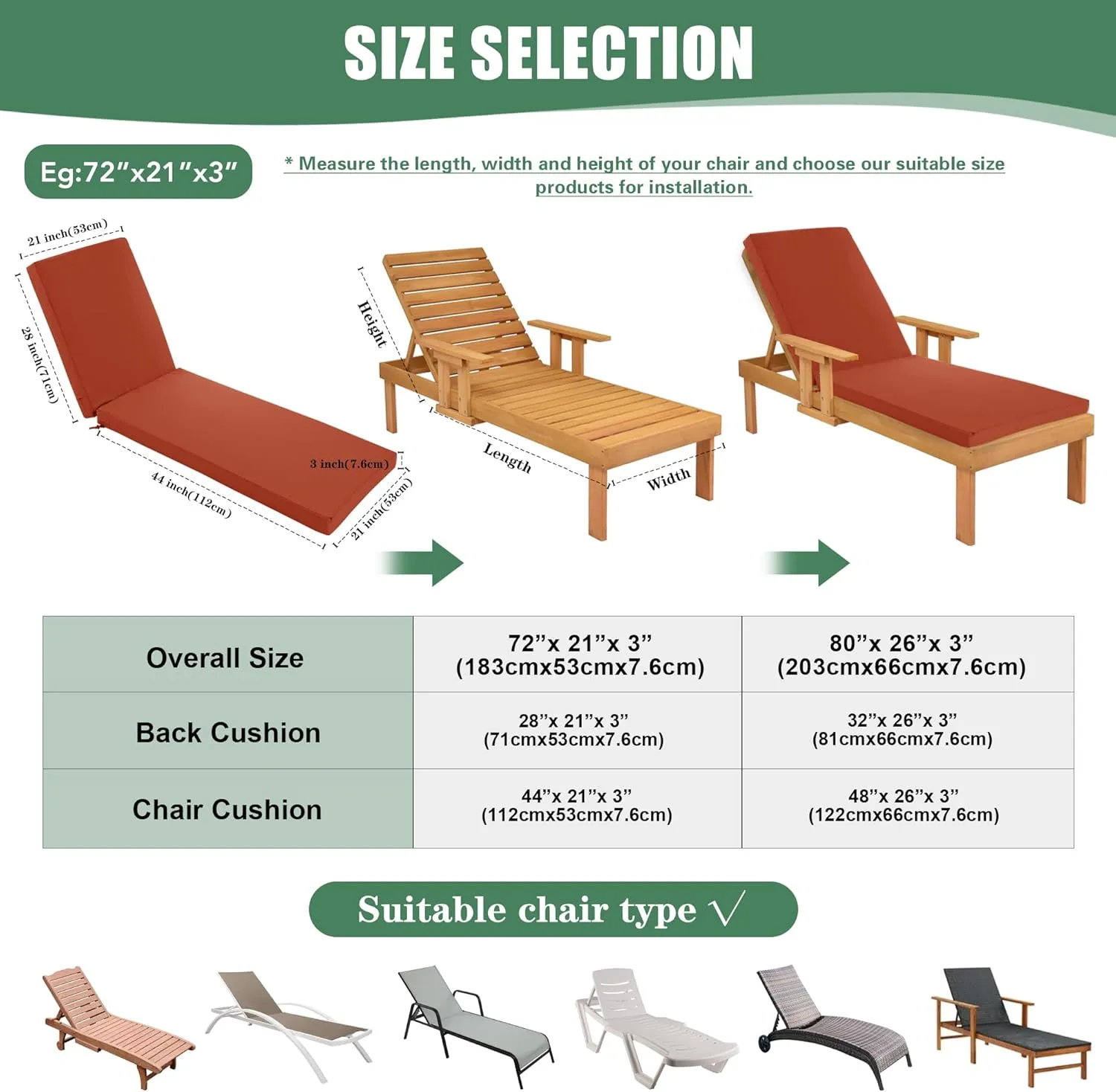 Chaise Lounge Cushions Outdoor Set of 2 - Waterproof and Fade Resistant Sun Lounger Replacement Cushions - Patio Lounger Pads with Removable Cover for Pool, Deck, 72 x 21 x 3 Inch, Rust